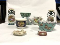 A CONTINENTAL PORCELAIN TWO HANDLE FLORAL ENCRUSTED CACHE POT, ANOTHER WITH FRUIT PANEL AND OTHER