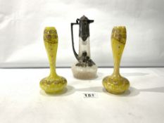 A SMALL WMF STYLE CLARET JUG, 22CMS, AND A PAIR OF YELLOW GLASS POSY VASES, 18CMS