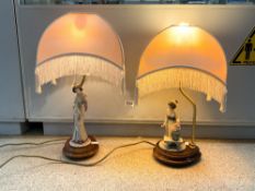 A PAIR OF ORIENTAL LADY FIGURAL TABLE LAMPS SIGNED A BELCOM, 50CMS WITH SHADES