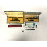 TWO 1930'S BAKELITE WRITING LETTER-BOX SETS IN CASES, COMPLETE, A PARKER LADY XF FOUNTAIN PEN IN BOX