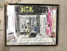 A CRAYON STUDY - THE SICK SHOP INDISTINCTLY SIGNED 54 X 42 CMS