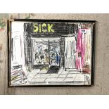 A CRAYON STUDY - THE SICK SHOP INDISTINCTLY SIGNED 54 X 42 CMS