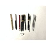 TEN MIXED PENS, SHAEFFER, PARKER ETC ONE WITH 14CT NIB A/F