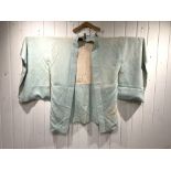 A JAPANESE PATTERNED TURQUOISE HAORI, LENGTH, 80CMS- SHOULDER 60CMS