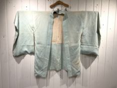 A JAPANESE PATTERNED TURQUOISE HAORI, LENGTH, 80CMS- SHOULDER 60CMS