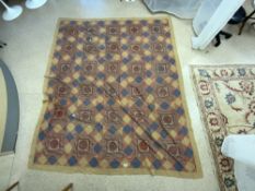 AN INDIAN PATCHWORK GEOMETRIC DESIGN QUILTED THROW WITH SMALL MIRROR INSETS 200 X 240 CMS