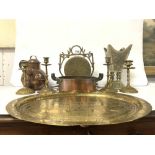 TWO PAIRS OF ORNATE BRASS CANDLESTICKS, A JERSEY COPPER CREAM JUG,BRASS GONG AND MORE