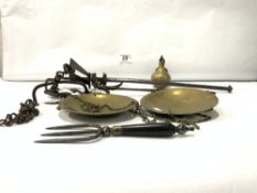 A SET OF ANTIQUE IRON SCALES WITH SOME GOLD DECORATION, A SMALLER SET & BRASS TRUGS