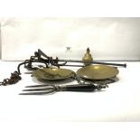 A SET OF ANTIQUE IRON SCALES WITH SOME GOLD DECORATION, A SMALLER SET & BRASS TRUGS