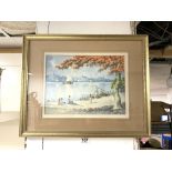 A WATERCOLOUR OF AN ASIAN RIVER SCENE DEPICTING FISHERMEN AND WOMEN WASHING 38 X 28CMS SIGNED BASAN