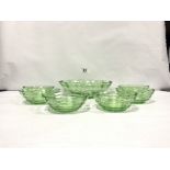 A 1950'S GREEN GLASS FRUIT BOWL AND DESSERT BOWLS