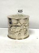 A NEWLYN SILVER PLATED CYLINDRICAL TEA CADDY WITH EMBOSSED FISH DECORATION, 10CMS