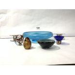 A SMALL ORREFORS GLASS BOWL 10CMS, ISLE OF WIGHT GLASS PAPERWEIGHT, AND OTHER DECORATIVE SIGNED