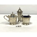 HALLMARKED SILVER THREE PIECE CONDIMENT SET WITH CAST BORDERS BY WALKER AND HALL