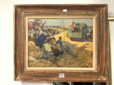 AN OIL ON CANVAS OF FARMWORKERS AT REST SIGNED GRIGON SIMEONOVITCH MINSKI 50 X 34 CMS