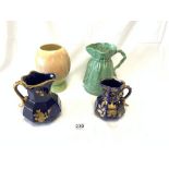 A SYLVAC MOULDED RELIEF JUG, SYLVAC VASE AND TWO BLUE & GILT MILK JUGS