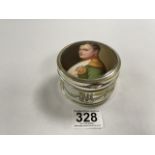 A CYLINDRICAL WMF SILVER-PLATED TRINKET BOX WITH A HAND PAINTED PORTRAIT OF NAPOLEON TO LID, 8CM