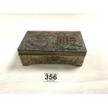 A JAPANESE ANTIMONY METAL DRAGON AND FLORAL EMBOSSED CIGARETTE BOX, 15 X 8CMS