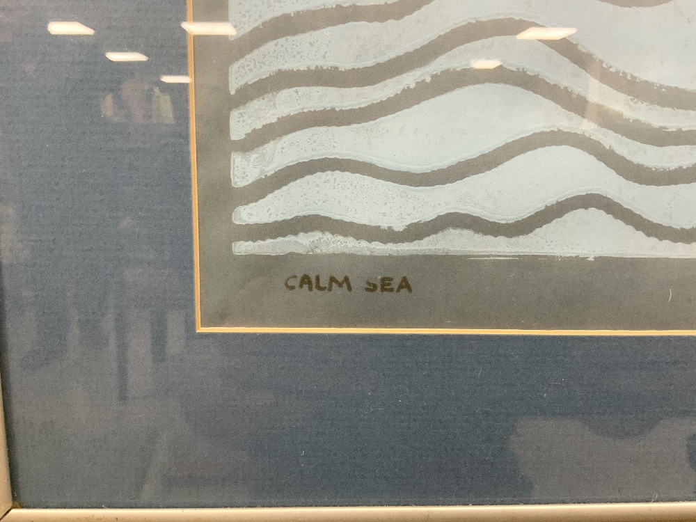 A FRAMED GOUACHE - ENTITLED CALM SEA - SIGNED BY CHARLOTTE JENNINGS 82, 30 X 30CMS - Image 2 of 3