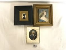A PAINTED MINIATURE OF A MAIDEN, A SILHOUETTE, AND A PAINTED MINIATURE OF NELSON IN SECTIONAL