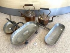 TWO COPPER KETTLES AND THREE COPPER SHALLOW PANS