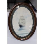 AN OVAL FRAMED WATERCOLOUR OF A SAILING SHIP - SIGNED CHRIS WILLIAMS, 40 X 60CMS