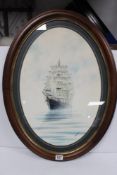 AN OVAL FRAMED WATERCOLOUR OF A SAILING SHIP - SIGNED CHRIS WILLIAMS, 40 X 60CMS