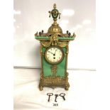 A FRENCH LATE 19TH CENTURY ORMOLU AND GREEN GLASS EMPIRE DESIGN MANTEL CLOCK WITH LION'S HEAD AND