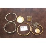 A MINIATURE MICRO MOSAIC PHOTO FRAME A/F A SILVER BANGLE, GOLD PLATED POCKET WATCH ETC