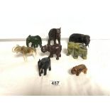 A COLLECTION OF EIGHT ELEPHANTS, INCLUDING BRONZE, HARDSTONE, HARDWOOD AND ROYAL DUX