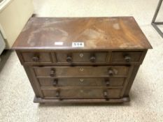 EARLY VICTORIAN FLAME MAHOGANY MINIATURE CHEST OF SIX DRAWERS ON TURNED FEET, 18 X 20 X 38CMS