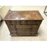 EARLY VICTORIAN FLAME MAHOGANY MINIATURE CHEST OF SIX DRAWERS ON TURNED FEET, 18 X 20 X 38CMS