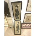 A PAIR OF LATE 19TH CENTURY JAPANESE BRUSH STUDIES OF GEISHA GIRLS ON SILK IN BLACK AND GOLD