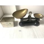 A SET OF BOOTS THE CHEMISTS VINTAGE KITCHEN SCALES AND VINTAGE HOVIS BREAD TIN