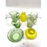 THREE GREEN GLASS LEMONADE JUGS, A GREEN GLASS TANKARD, A GREEN GLASS BOWL, AND TWO YELLOW GLASS