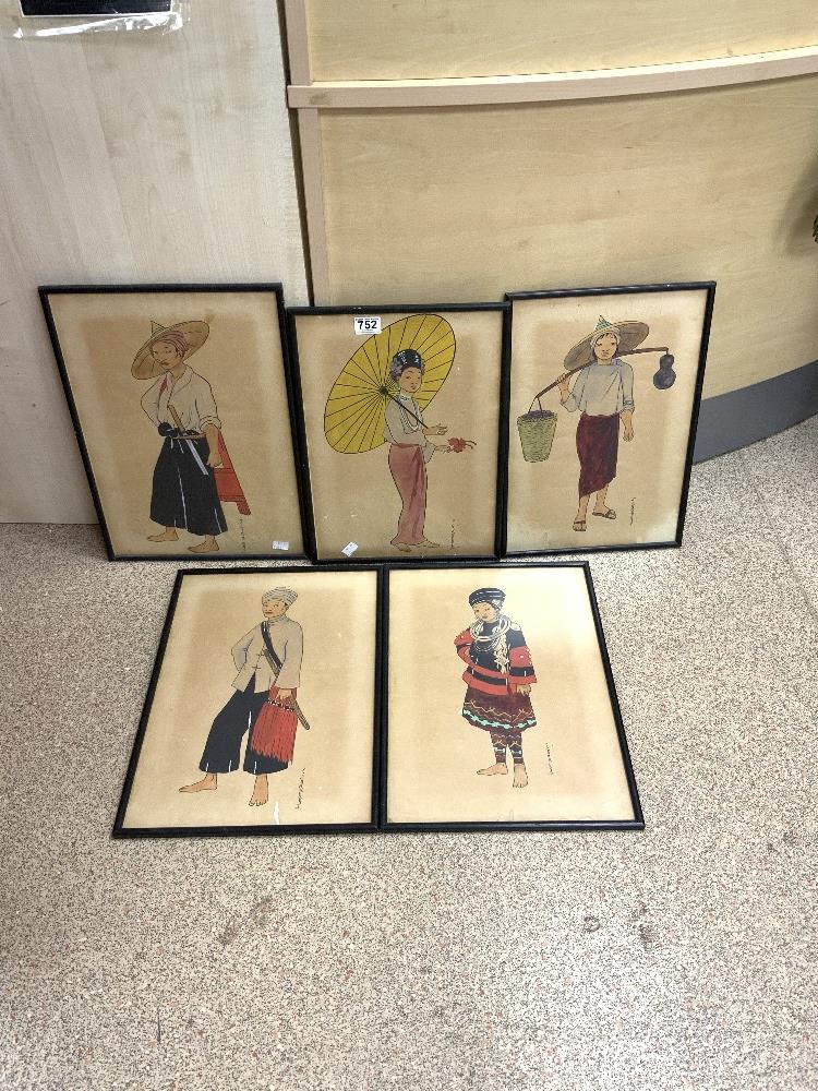 SET OF FIVE WATERCOLOUR STUDIES OF JAPANESE SUBJECTS, BY J CRAWFORD, 32 X 46CMS