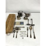 A QUANTITY OF PLATED WARES INCLUDING A CANDLEBOX, PICKLE FORKS, CREAM JUG ETC