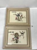 TWO ORIENTAL FRAMED PICTURES IN SILK OF PEACOCKS AND OTHER BIRDS, 29 X 32CMS