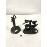 A BRONZE FIGURE OF A GOLFER IN FULL SWING 18CMS AND A SPELTER FIGURE OF A GREYHOUND, 14CMS