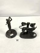 A BRONZE FIGURE OF A GOLFER IN FULL SWING 18CMS AND A SPELTER FIGURE OF A GREYHOUND, 14CMS