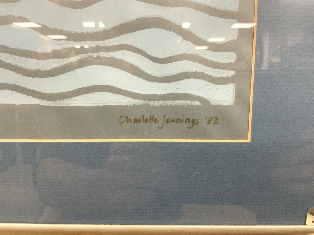 A FRAMED GOUACHE - ENTITLED CALM SEA - SIGNED BY CHARLOTTE JENNINGS 82, 30 X 30CMS - Image 3 of 3