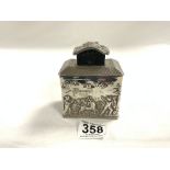 A HALLMARKED SILVER PAGODA SHAPED LIDDED TEA CADDY WITH EMBOSSED CLASSICAL SCENES DECORATION,