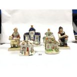 A PAIR OF STAFFORDSHIRE FIGURES COBBLER AND WIFE, TWO STAFFORDSHIRE COTTAGE PASTILLE BURNERS, AND