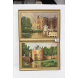 F. FYNUERT PAIR OF OILS ON BOARD-RIVER SCENES WITH BUILDINGS SIGNED AND INDISTINCTLY INSCRIBED ON