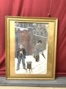 A GILT FRAMED PASTEL/COLLAGE OF A VICTORIAN BOY SELLING ROASTED CHESTNUTS TO AN OLD GENT, 47 X