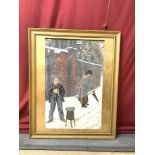 A GILT FRAMED PASTEL/COLLAGE OF A VICTORIAN BOY SELLING ROASTED CHESTNUTS TO AN OLD GENT, 47 X