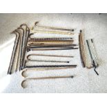 19 VARIOUS WALKING STICKS, SOME WITH ALPINE DESTINATION PLAQUES