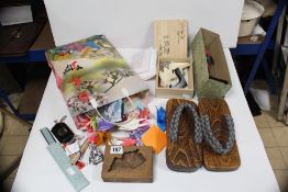 A JAPANESE SATSUMA BIRD SHAPE DISH IN ORIGINAL BOX, A PAIR OF JAPANESE SLIPPERS, ORIGAMI,