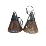 A PAIR OF GERMAN BAKELITE CONE SHAPED HANGING LAMPS, 24CMS