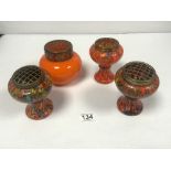 THREE SMALL ORANGE END OF DAY GLASS VASES, 12CMS AND ONE OTHER